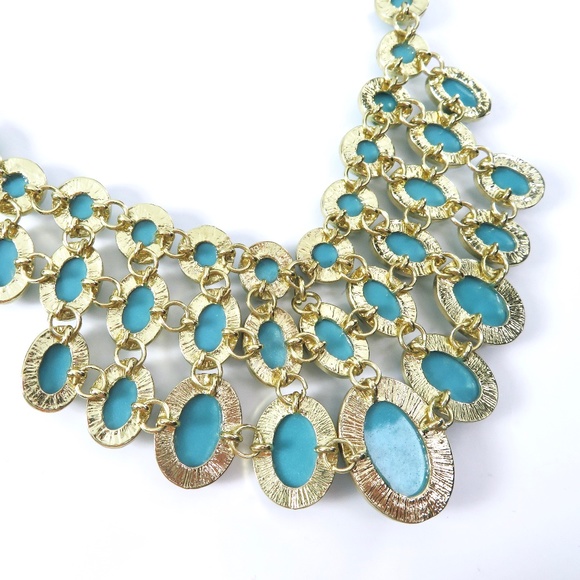 Bib Necklace Statement Piece, Glass Turquoise Cabs - Picture 5 of 7
